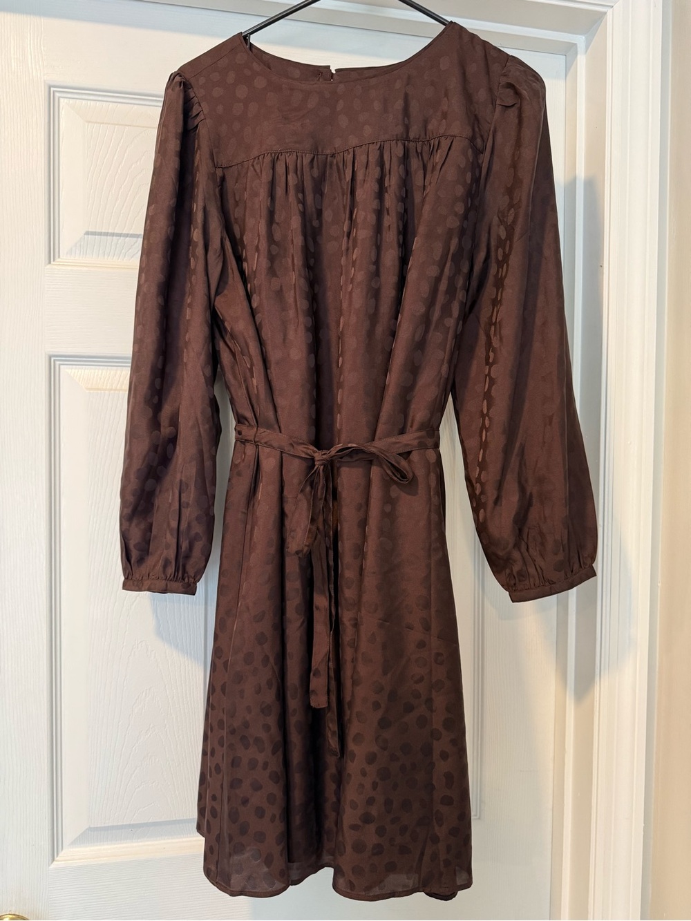 Ann Taylor Purplish Long-Sleeve Polka Dot Tie-Waist Dress